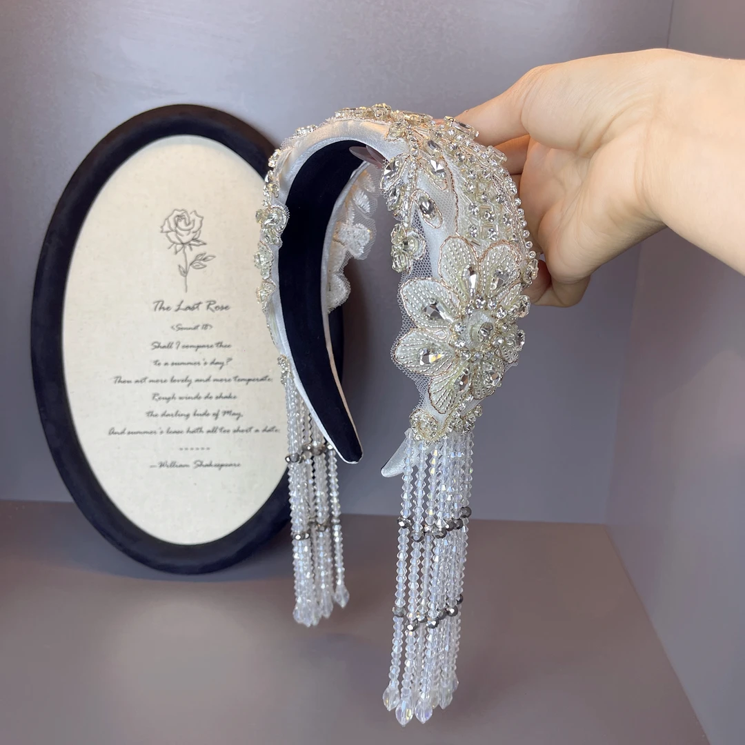 V20水晶流苏定制轻奢满钻发箍香槟白优雅气质百搭发饰法式小香风