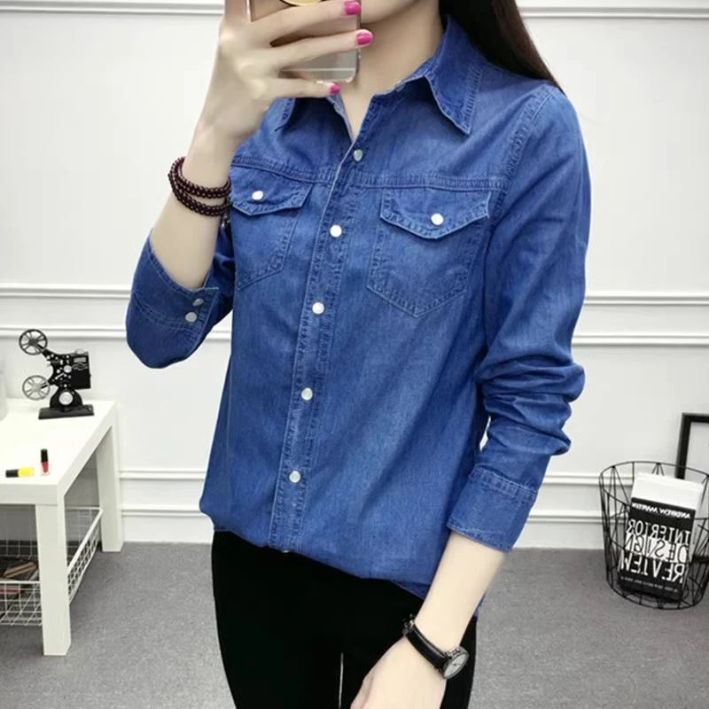 叠穿内搭复古港风衬衣外套女士春秋季长袖牛仔衬衫上衣高端设计感