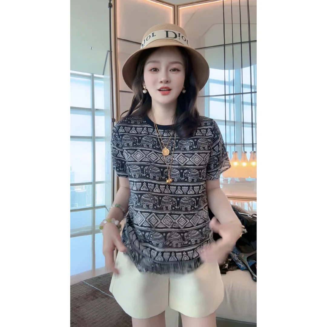 【丝芙玉禄】（F986）真丝双绉创意大象气质时尚显瘦桑蚕丝t恤上衣