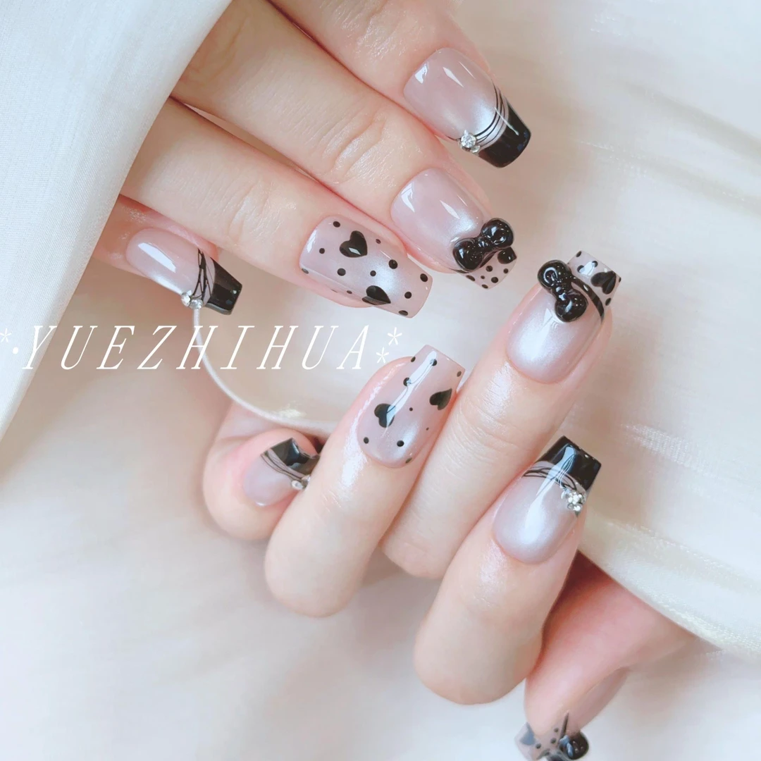 miu系猫眼黑色法式手工穿戴甲千金气质波点蝴蝶结显白可拆卸美甲