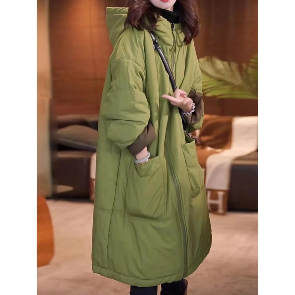 绿色显白大口袋不臃肿连帽棉服女中长款大码宽松显瘦胖妹妹棉袄子
