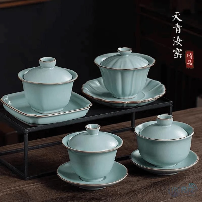 当代陈培明汝窑盖碗茶杯天青家用三才泡茶碗套装单个手工陶瓷功夫