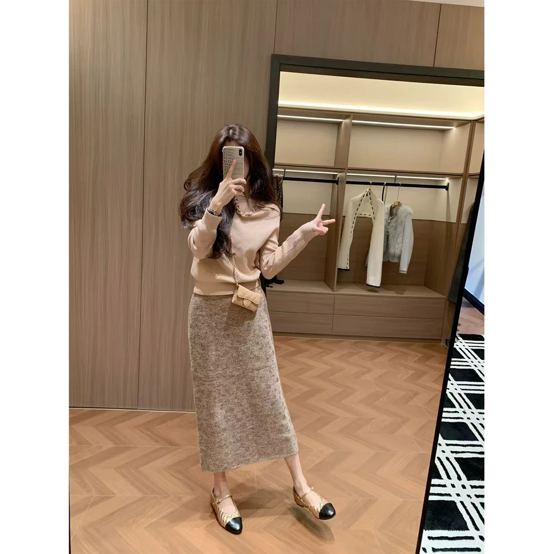 2025秋冬季巨好看套装修身显瘦内搭打底衫针织上衣叠穿长裙两件套