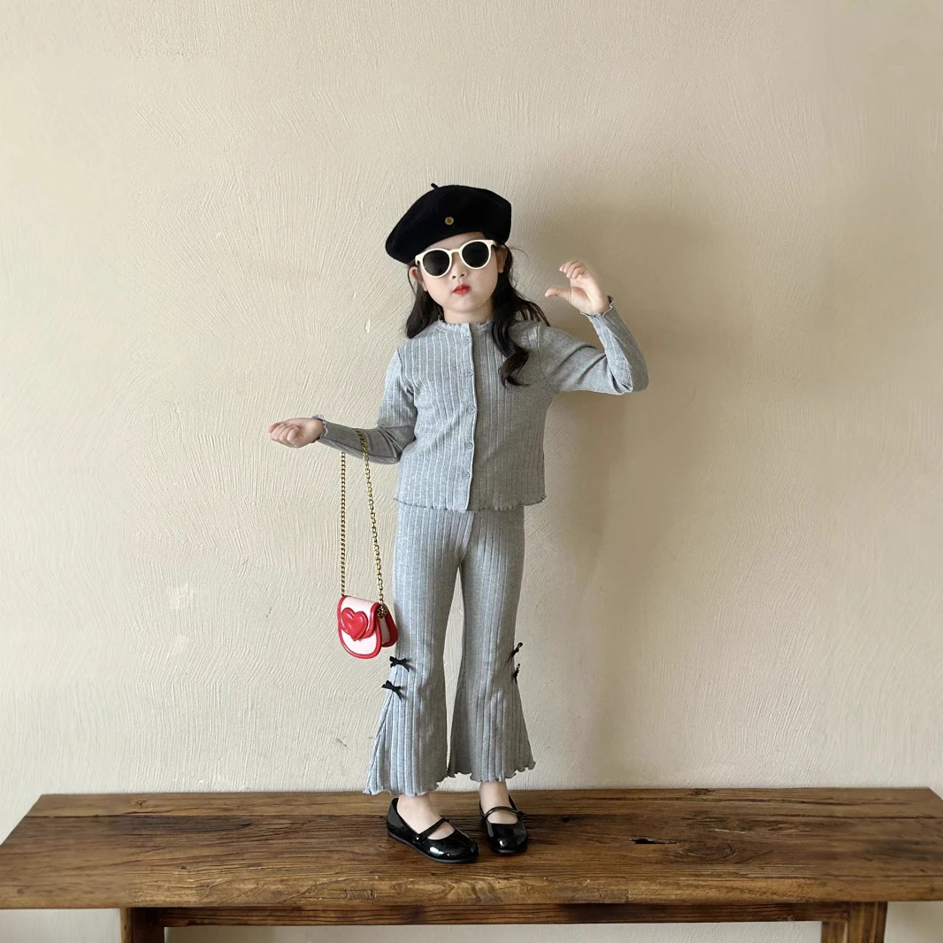 儿童韩版针织套装2025春秋新款女童宝宝休闲蝴蝶结长袖开衫套装