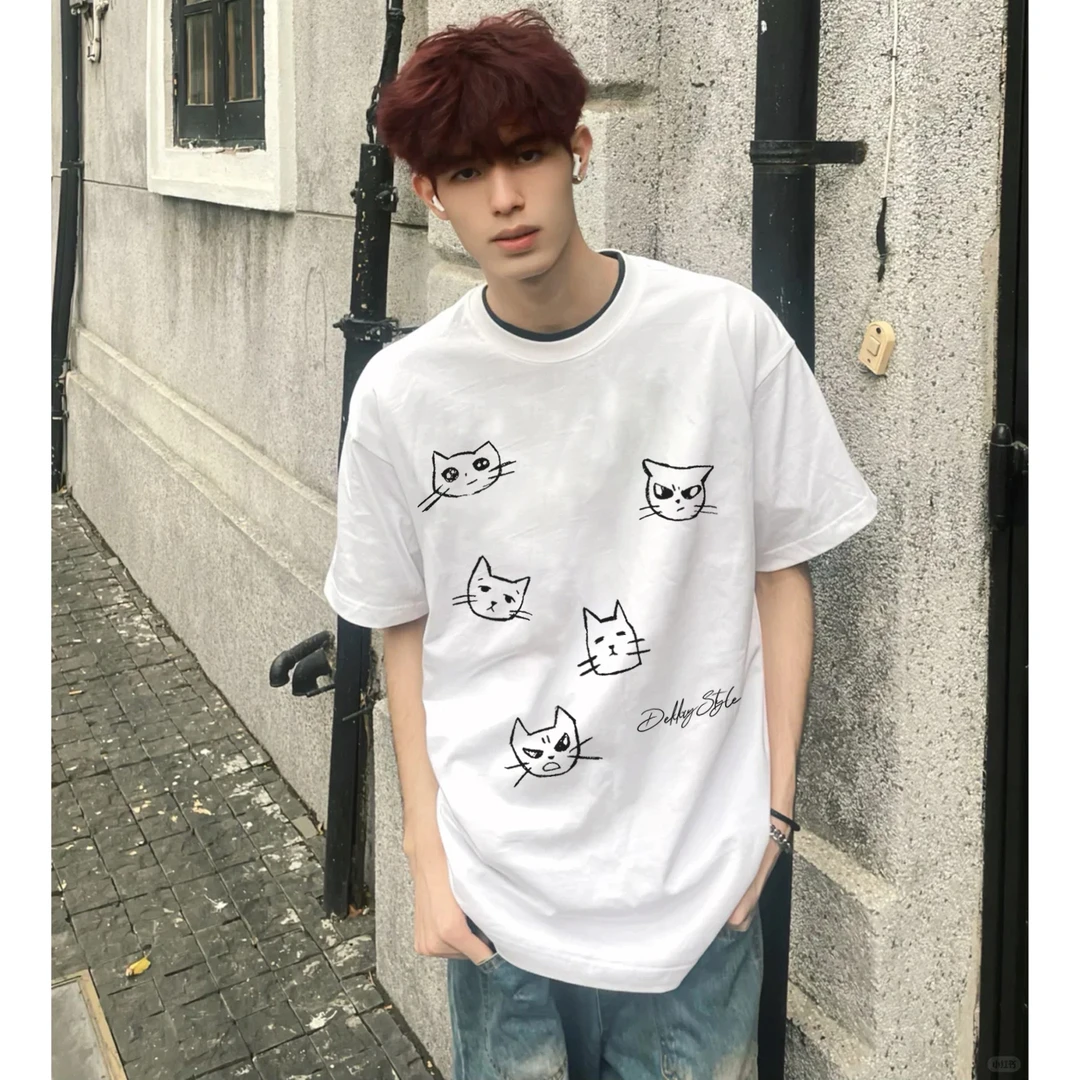 100%纯棉美式个性手绘猫咪字母印花短袖t恤男女宽松休闲情侣上衣