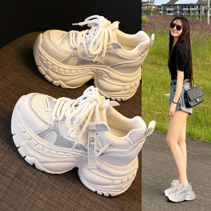 小个子超厚底老爹鞋女内增高9cm新款时尚水钻休闲运动鞋松糕爆款