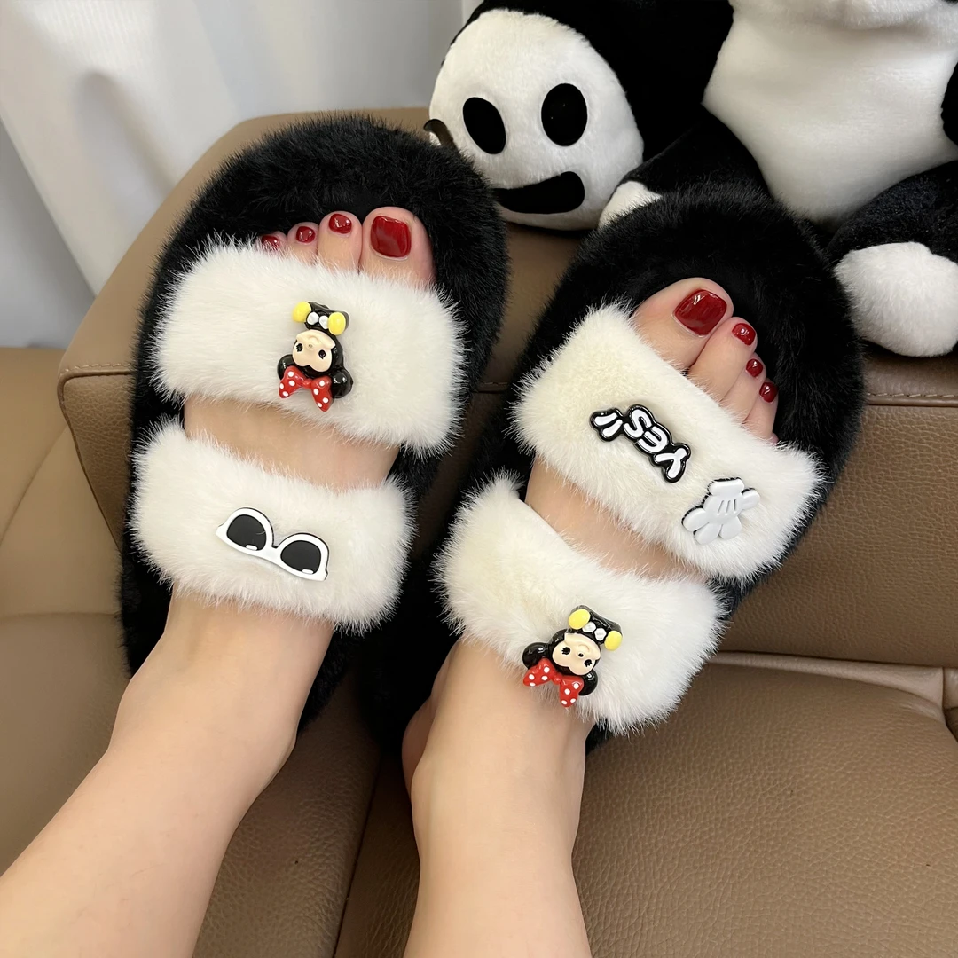 新款韩版百搭卡通动漫秋季一字拖厚底毛绒拖鞋软底网红ins少女
