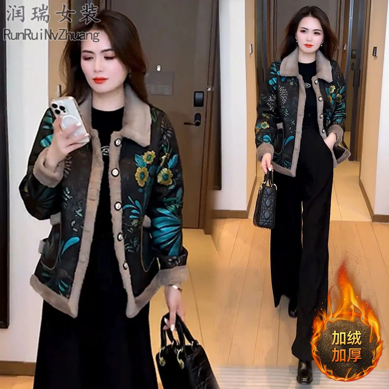 时尚百搭加绒加厚印花保暖棉衣女2025秋冬季新款洋气减龄短外套潮