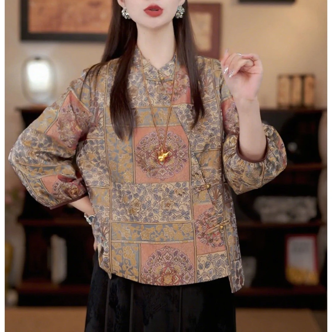 2025秋季新款小众设计感斜襟盘扣减龄小衫潮新中式改良版印花上衣