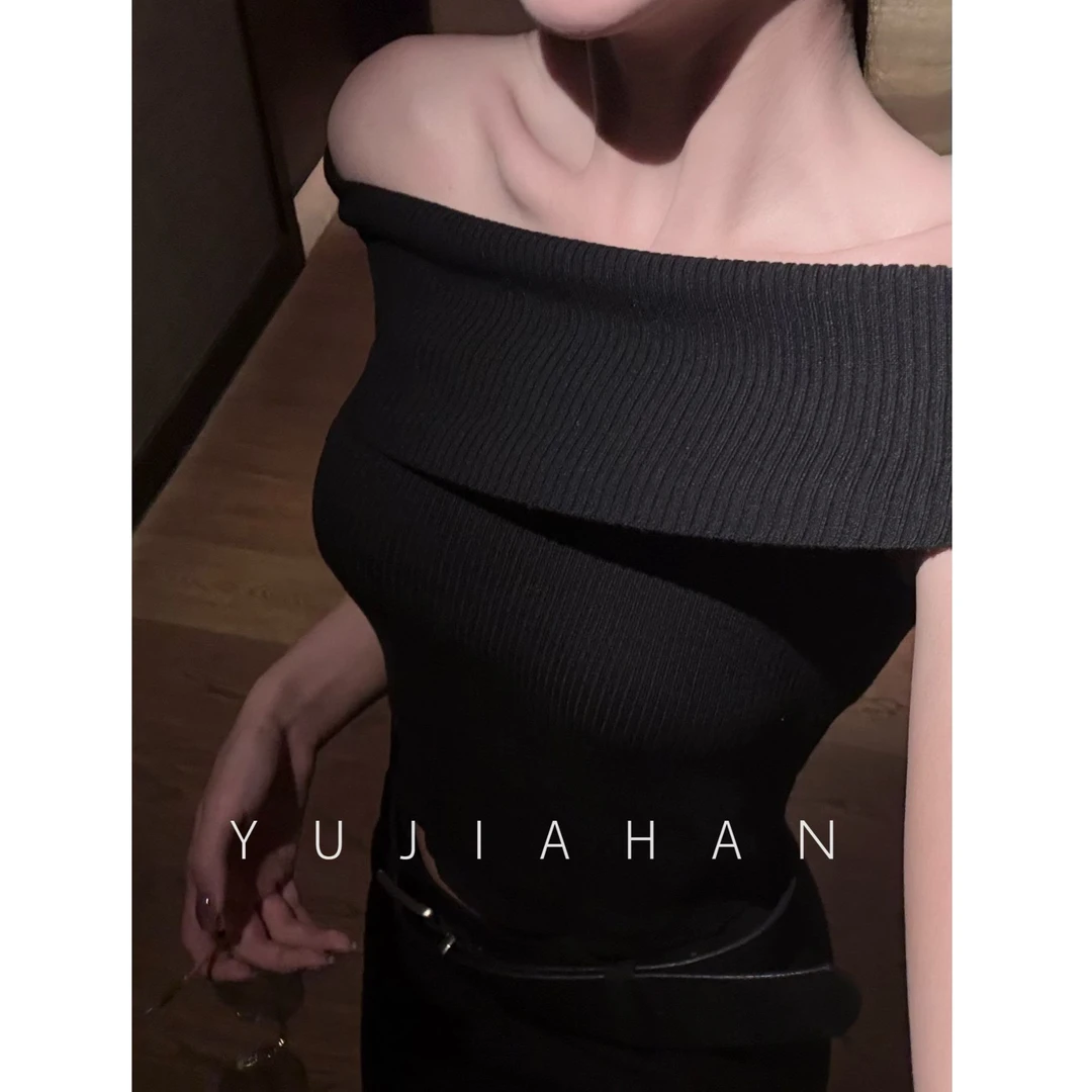 YUJIAHAN-复古智性美学极简一字肩短款针织衫打底设计感上衣女
