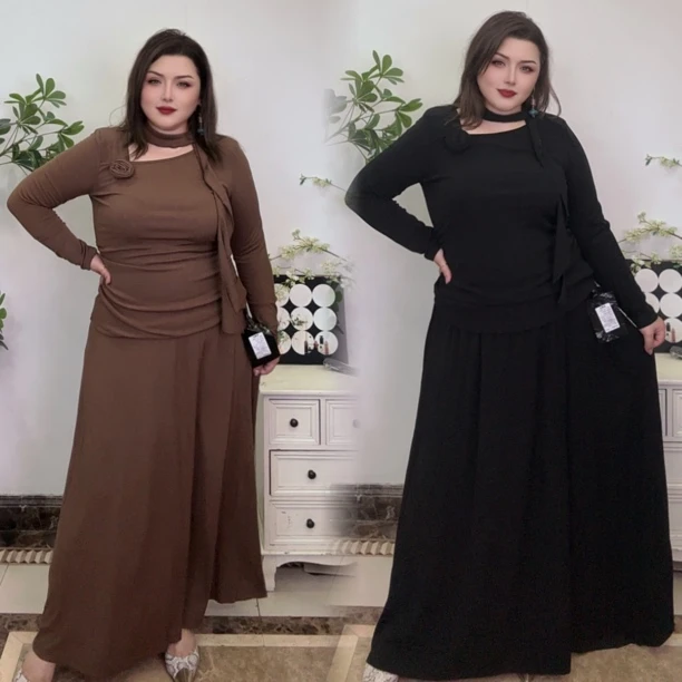 9501早秋韩系温柔风立体花朵飘带针织上衣搭配高腰A字半身裙