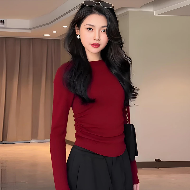 过年安哥拉红色针织衫秋冬内搭修身外穿网红气质毛衣女打底衫上衣