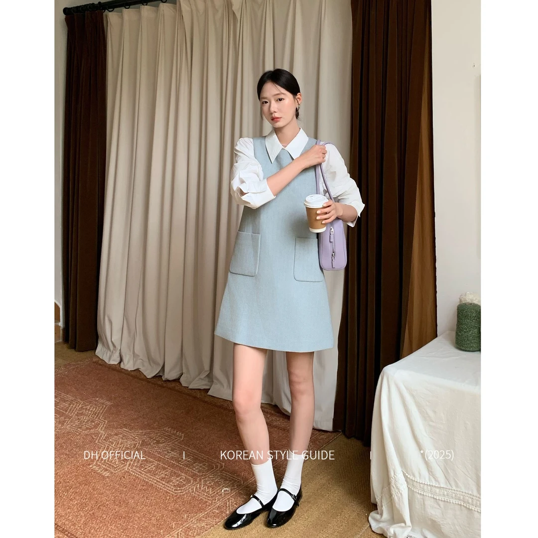 清DH OFFICIAL大花【海盐曲奇 cookie】人字纹粗纺绒呢双口袋连衣裙