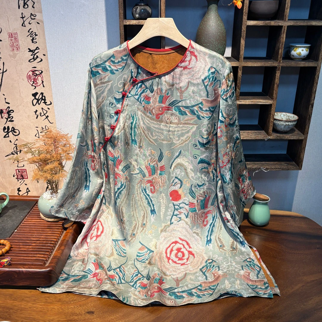 YUEZHE 凤尾花扎染中式旗袍2025国风显瘦气质夏季新款百搭上衣