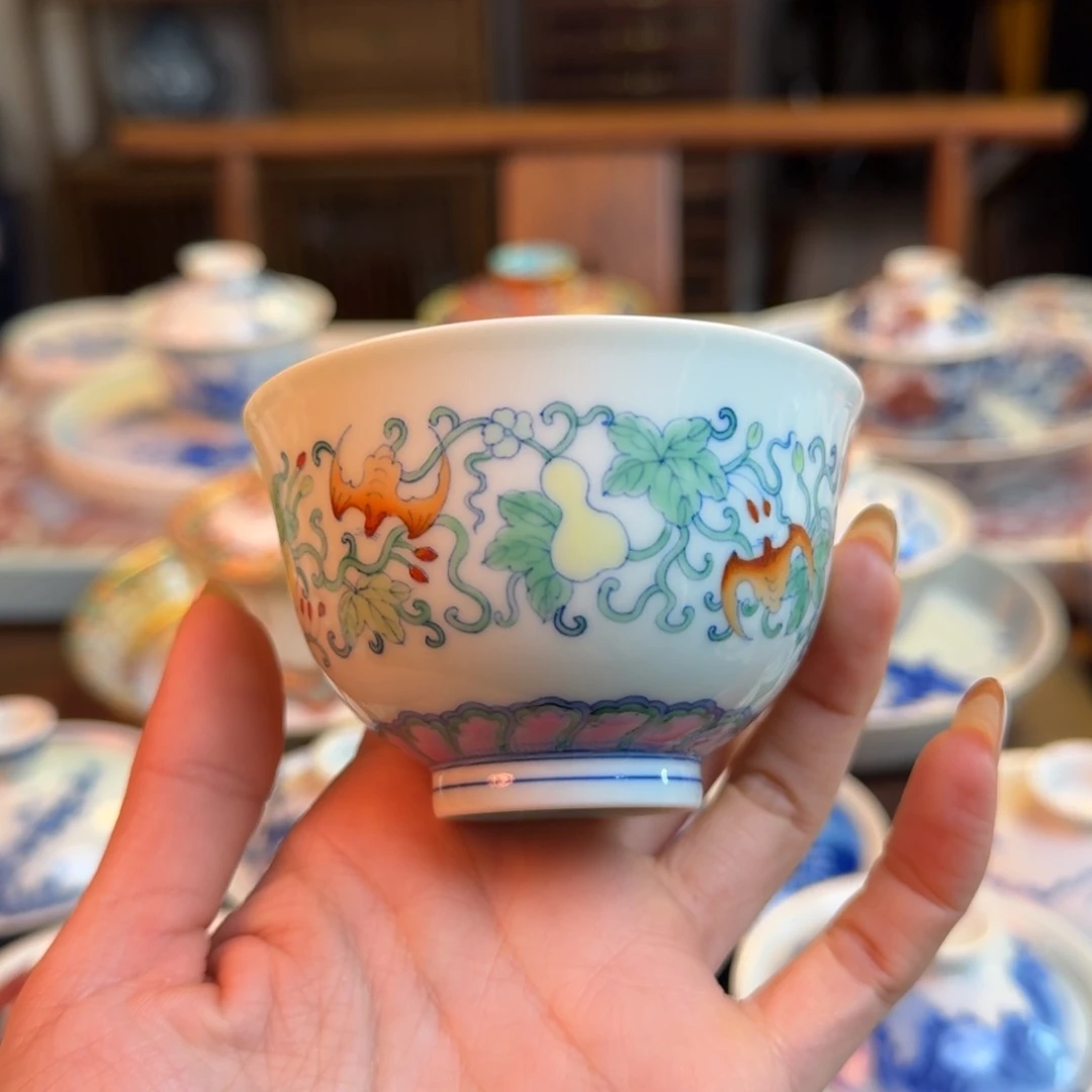 杯重工斗彩福禄见山烧杯纯手绘