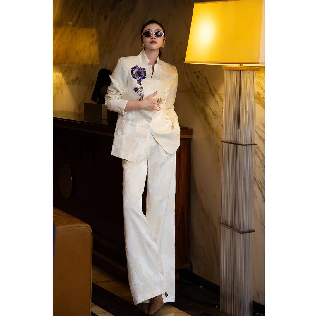 高级感重要场合宴会装2025秋冬新中式国风提花立领西装长裤两件套