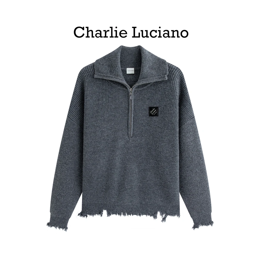 Charlie Luciano2025秋新款标识半开领拉链毛衣休闲潮牌上衣男女
