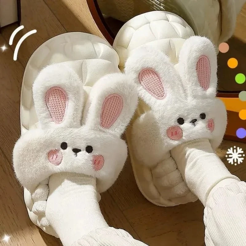 新款小兔子耳毛毛棉拖鞋冬季可拆卸内胆室内防滑居家防水保暖厚底