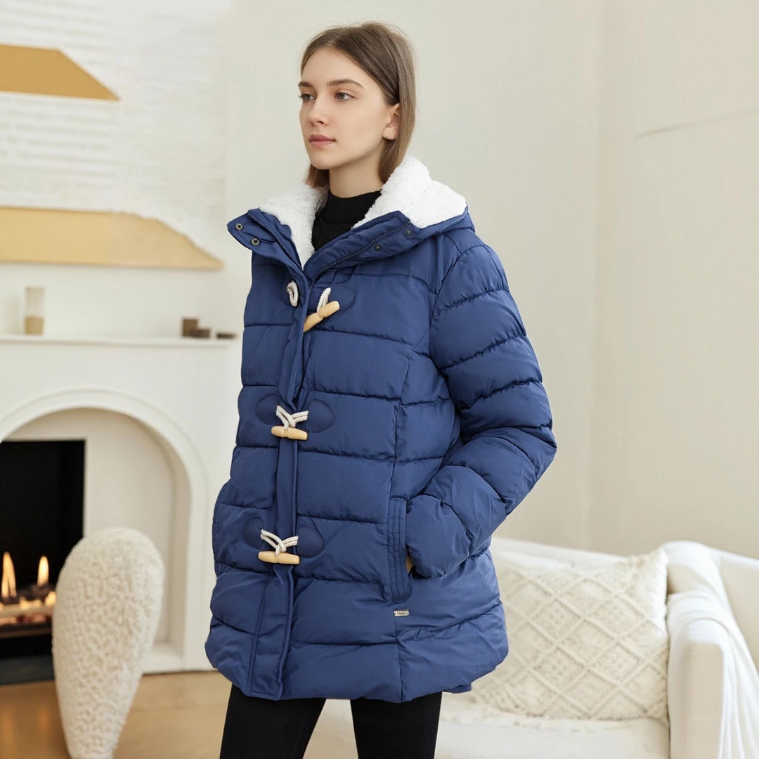 女士连帽棉服02575加绒加厚保暖舒适防水防水牛角扣中长款