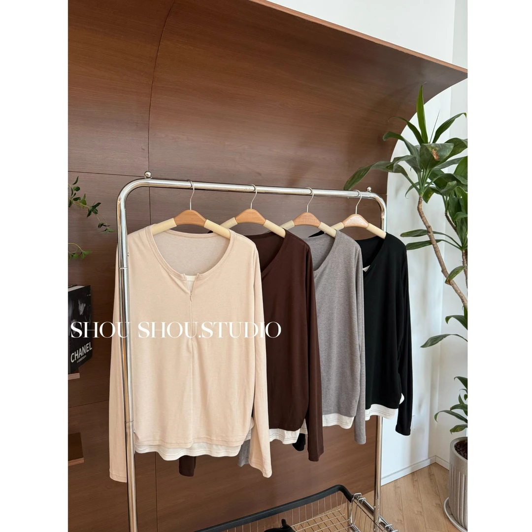 【瘦瘦】大码秋季拉链真门襟天丝假两件百搭显瘦合身打底上衣S01958