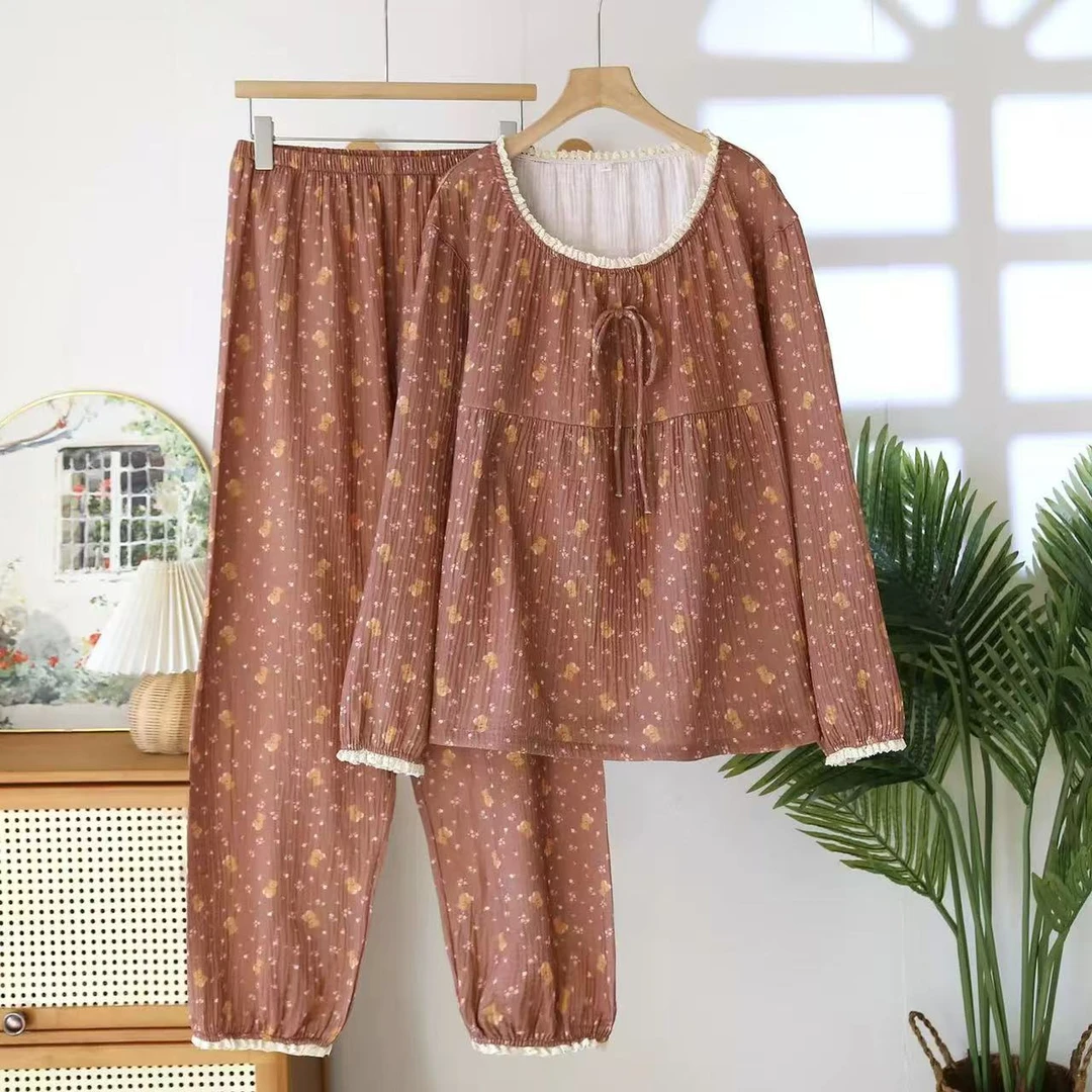 100纯棉睡衣日系双层棉纱女款舒适透气全棉圆领碎花