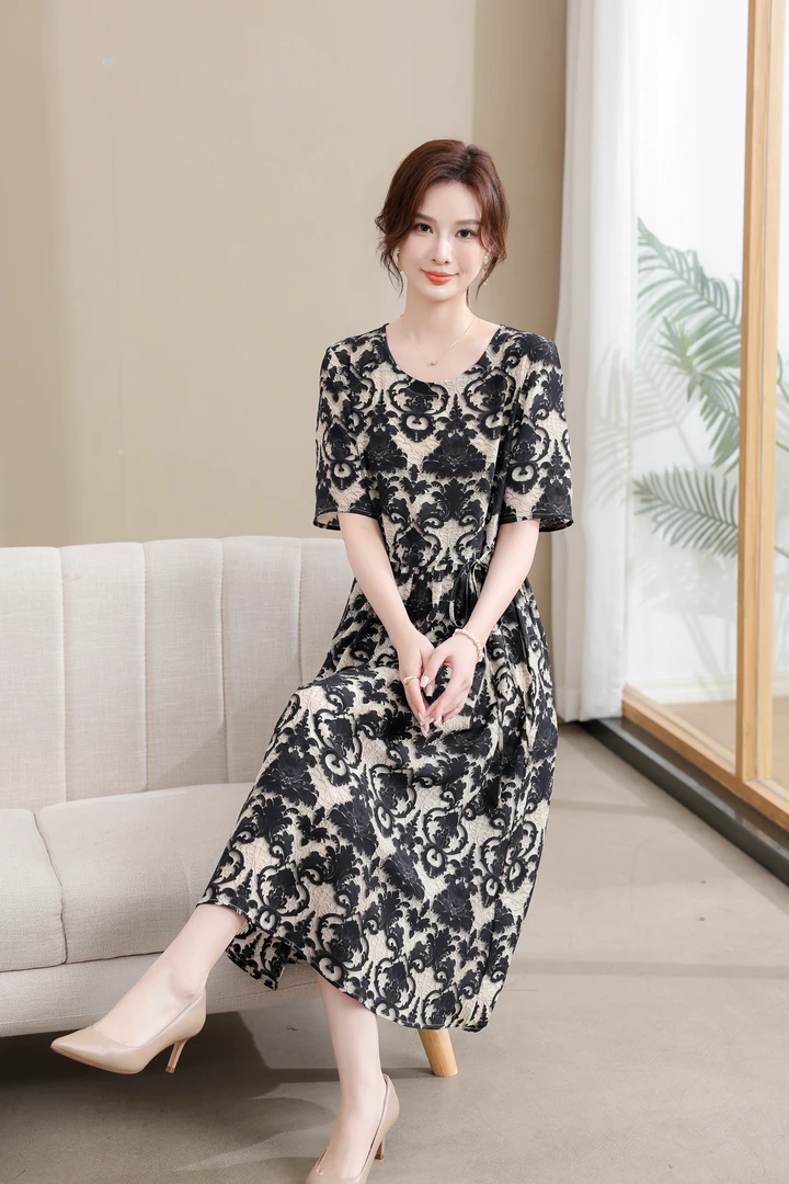 香槟A8045碎花气质时尚夏季洋气云锦丝定制连衣裙