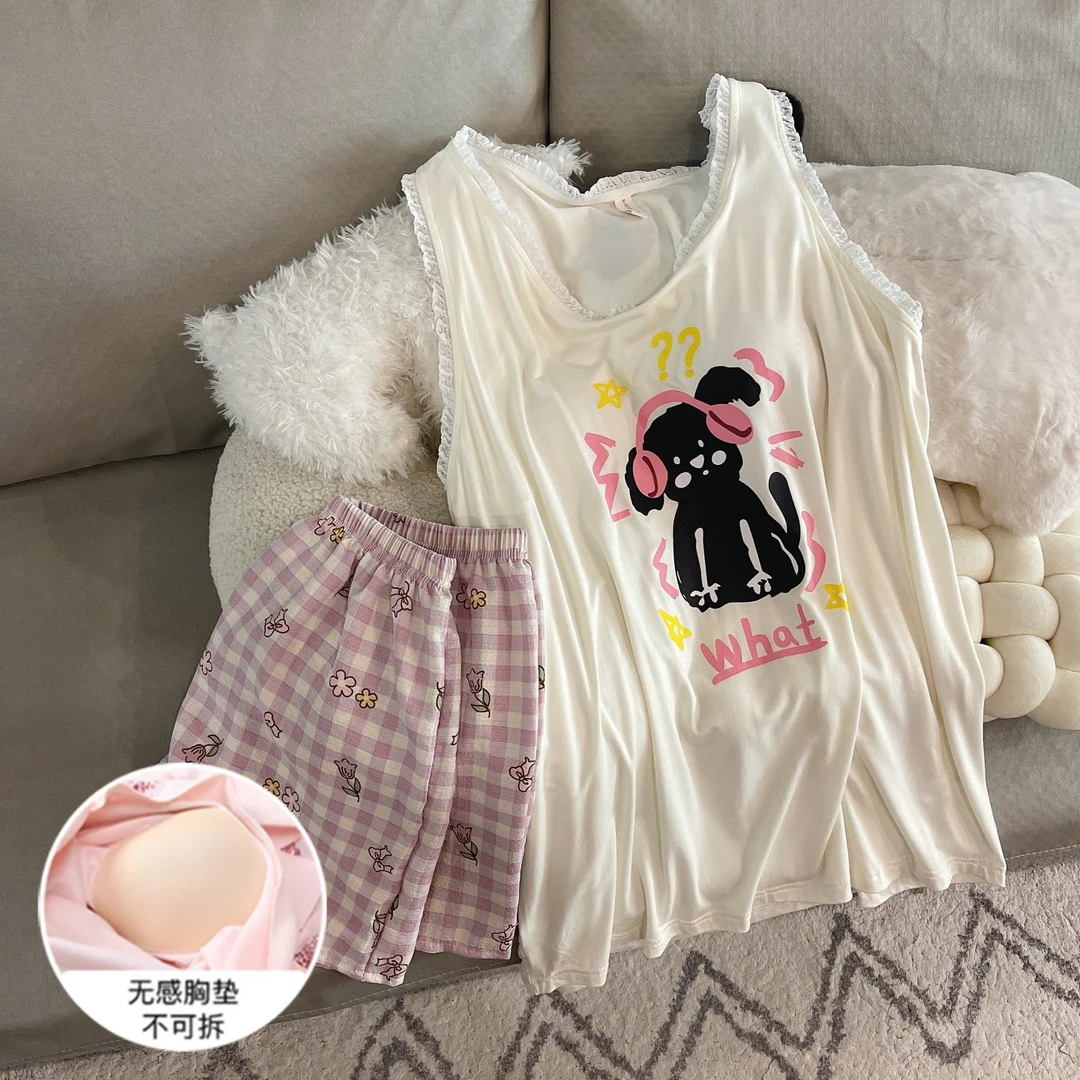 睡衣女士夏季背心短裤大码凉感带胸垫小黑狗可外穿夏天套装家居服