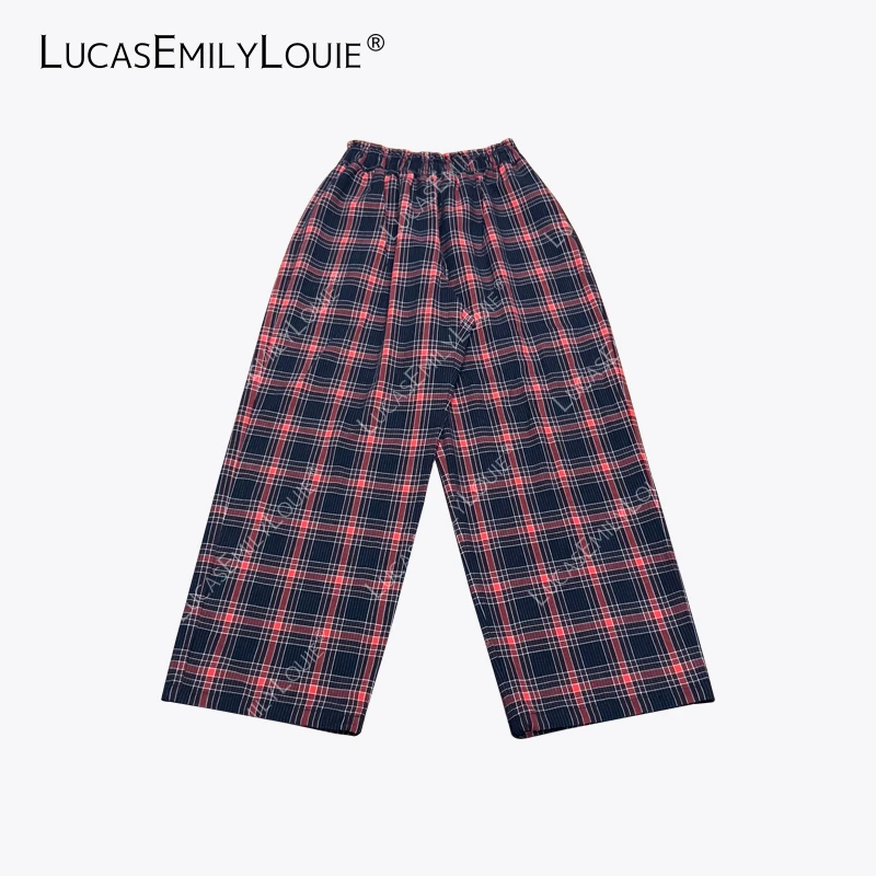 LUCASEMILYLOUIE 复古撞色格纹纯棉松紧腰阔腿休闲裤2510307