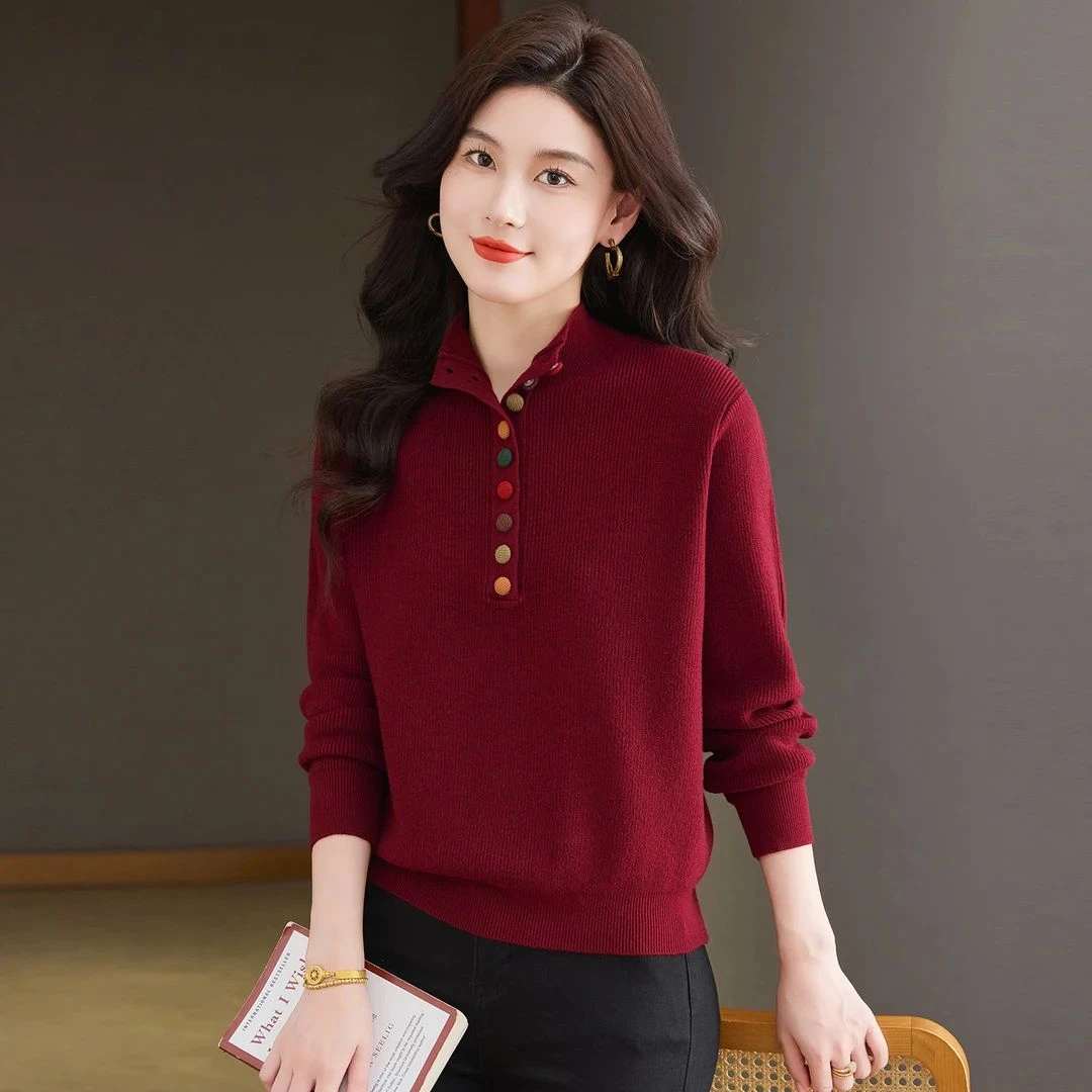 哥弟阿玛施正品翻领长袖秋冬新款打底衫毛衣女宽松洋气百搭针织衫