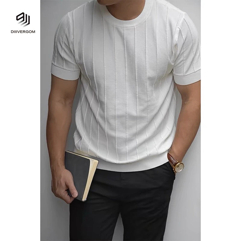DIIIVERGOM轻熟风冰丝条纹圆领针织短袖男士夏季薄款高级感通勤装