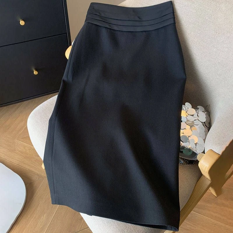 黑色高腰半身裙春夏新款显瘦气质西装百搭开叉包臀中长裙子小黑裙