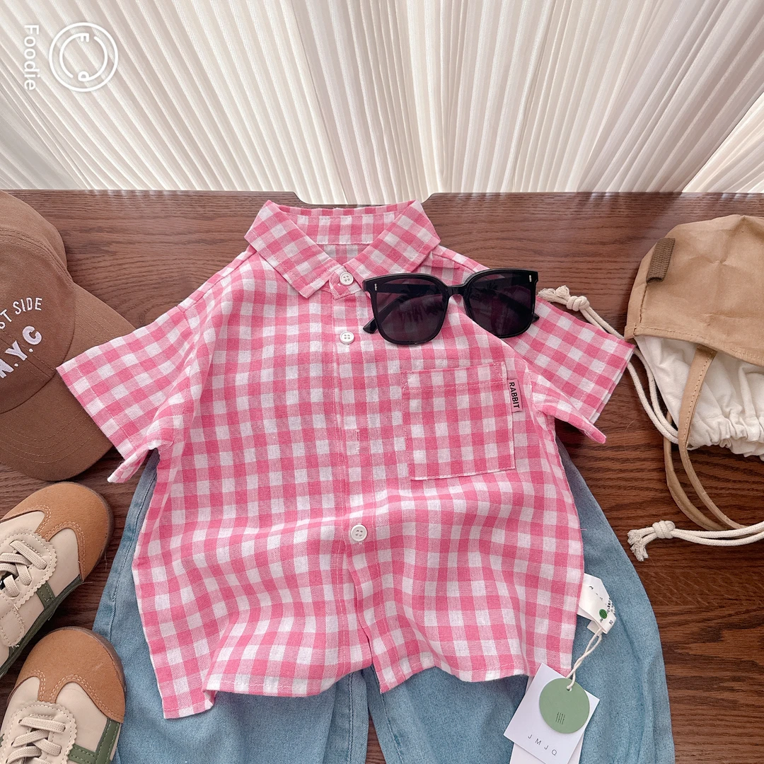 【JMJQ 20520】夏季韩版中小童软糯开扣格子翻领短袖衬衫外套