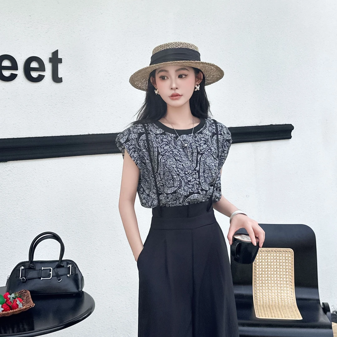 女装黑色背带两件套装夏季圆领压花休闲薄款通勤风春夏季