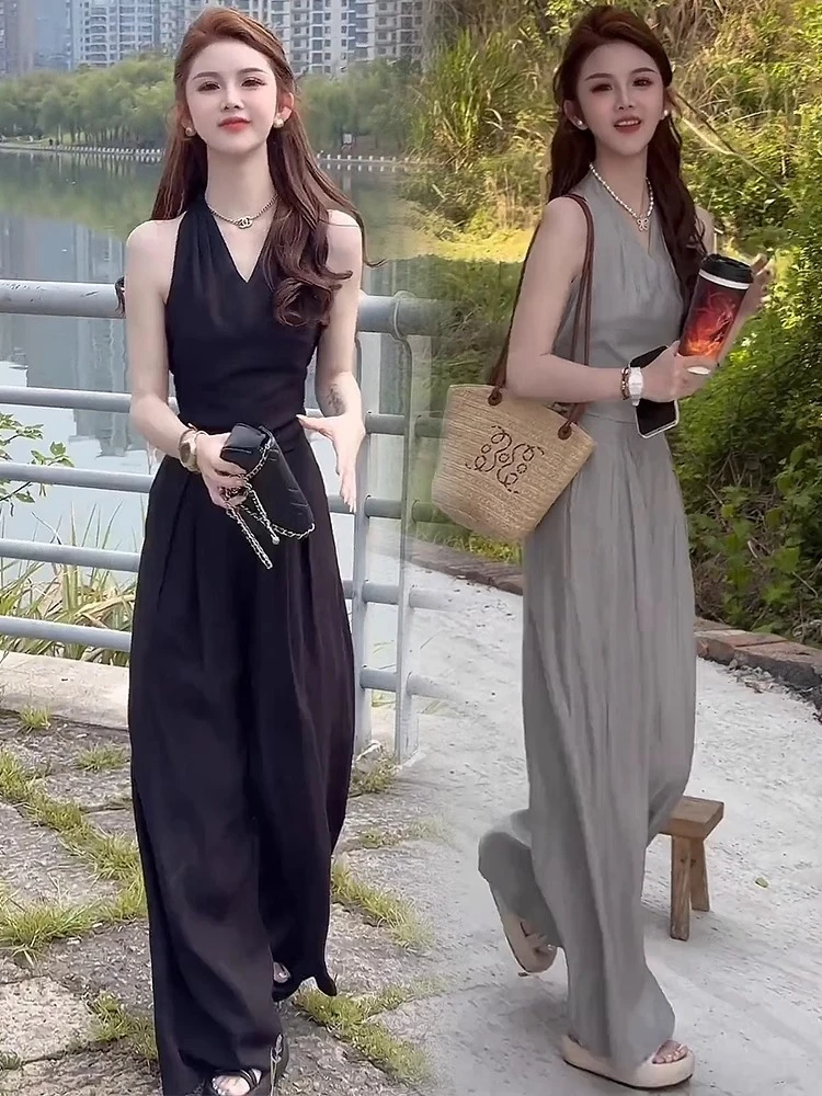 夏季新款时尚套装女2025洋气显瘦高级感挂脖上衣阔腿裤休闲两件套