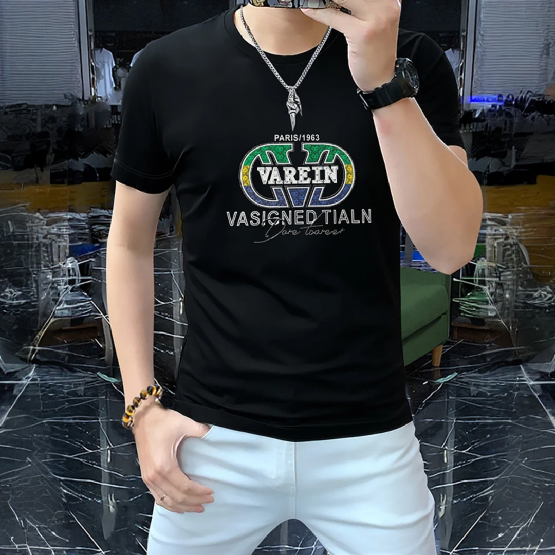 NENMIHONCHE/内米霍切潮欧货字母烫钻男士短袖t恤圆领丝光棉夏装