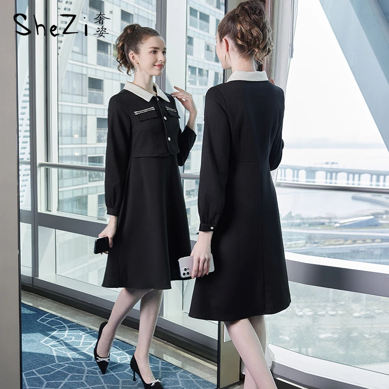 奢姿2024年秋装新款大码女装翻领气质拼接连衣裙胖妹妹时尚裙子