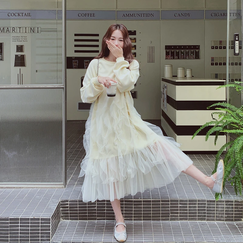 甜美少女风网纱拼接卫衣裙2025春秋新款小众韩系ins温柔风连衣裙