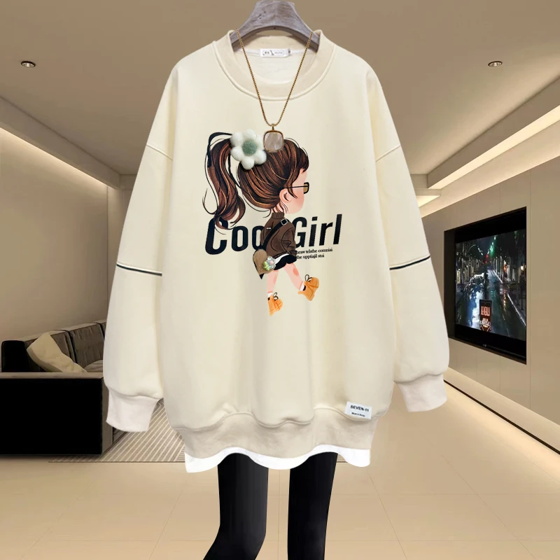 圆领卫衣女2025秋冬新款韩版宽松套头加绒加厚假两件中长款遮屁股