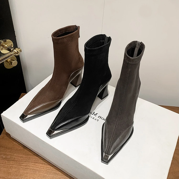 7.5cm~金属防踢尖头马丁靴小众高级感短靴粗跟秋冬新款高跟瘦瘦靴