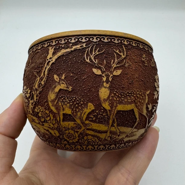 宜兴原矿紫砂全手工龙骨金砂柴烧双层主人杯立体浮雕福禄满堂150c