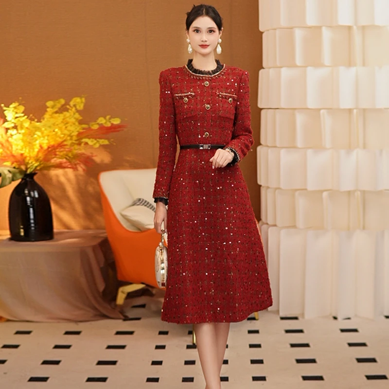 酒红色小香风A字连衣裙9788