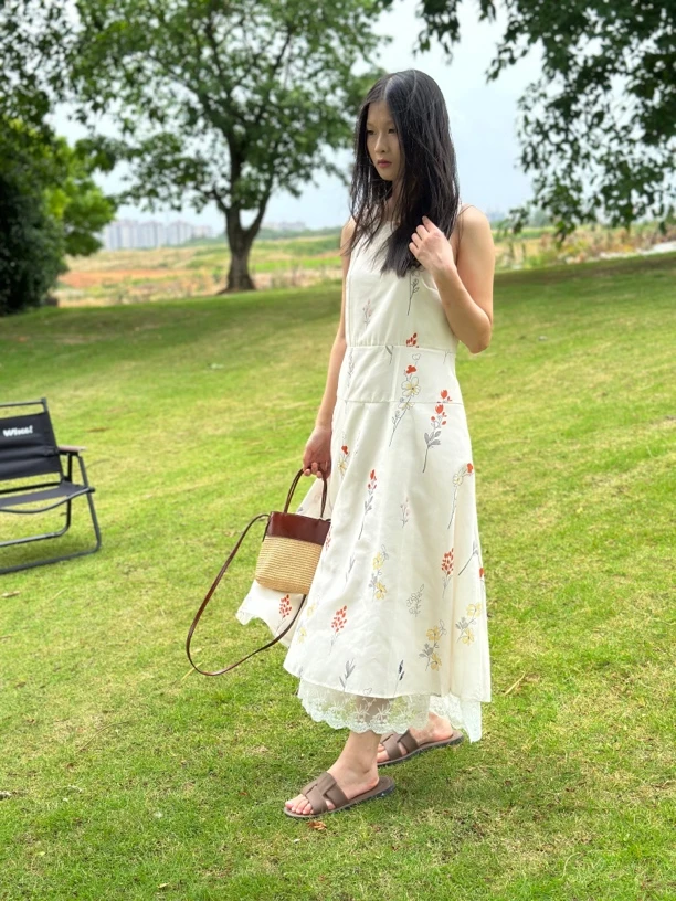 流涟花朵无袖显瘦甜美连衣裙中长款长裙夏季气质裙子碎花