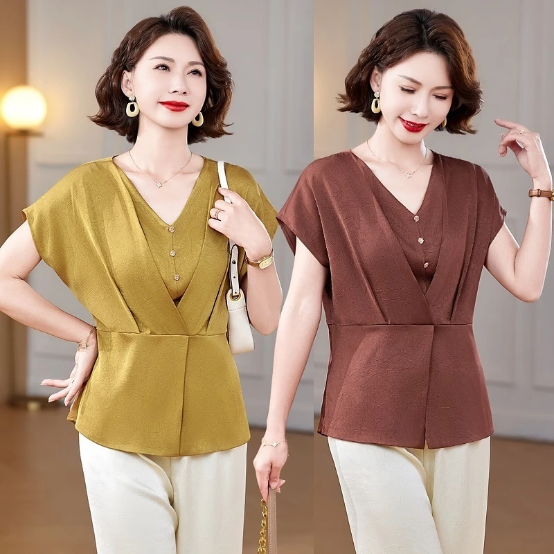 妈妈夏装中国风气质小衫遮肚显瘦上衣服中年女士夏季短袖两件套装
