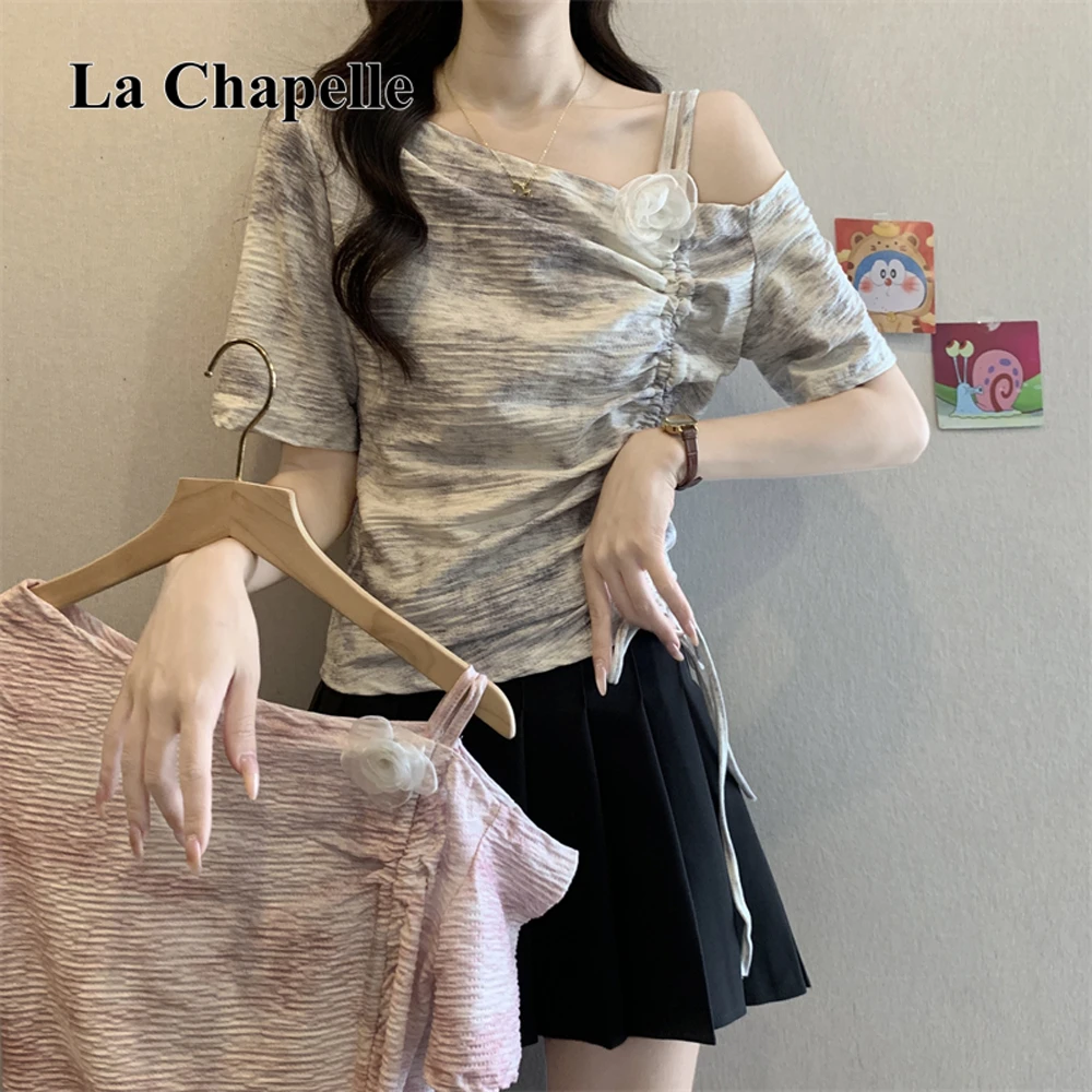 拉夏贝尔纯欲露肩设计晕染抽绳不规则甜美可爱短袖T恤女上衣ins夏