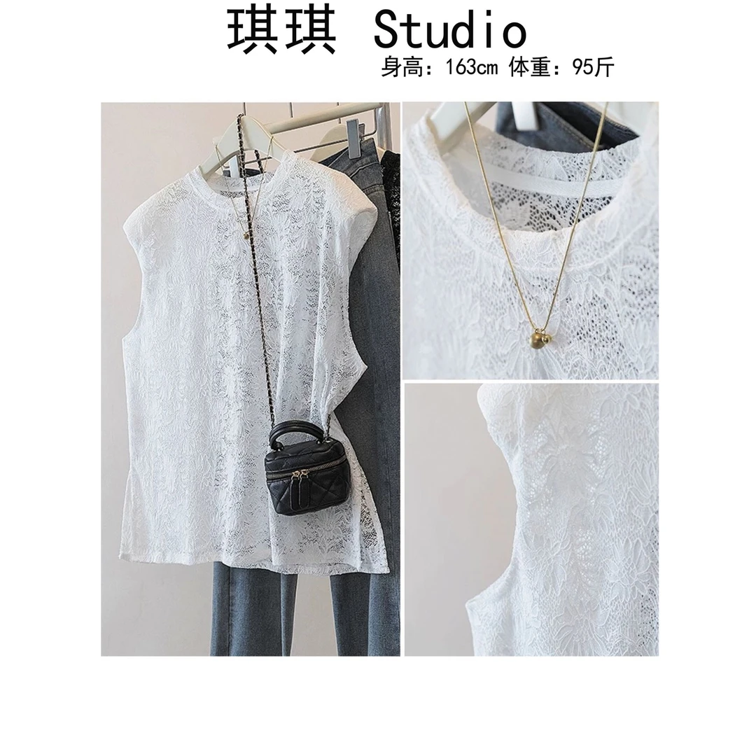 《琪琪家》夏季新款重工设计感蕾丝提花舒适亲肤减龄无袖上衣180-CS