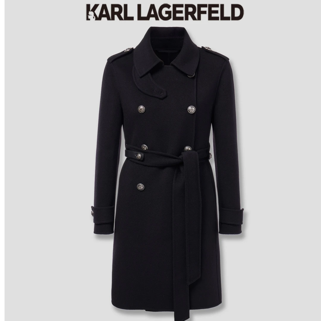 【诗语专属】KARLLAGERFELD新款黑色双排扣肩章羊毛大衣M27E2932