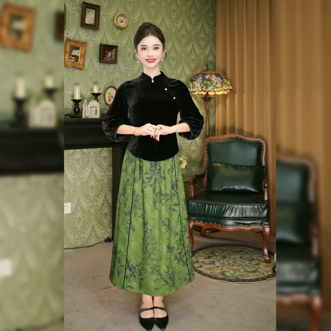 仫赐【绿竹】双面穿花罗2024新中式国风复古提花半身裙MCFBQ0090