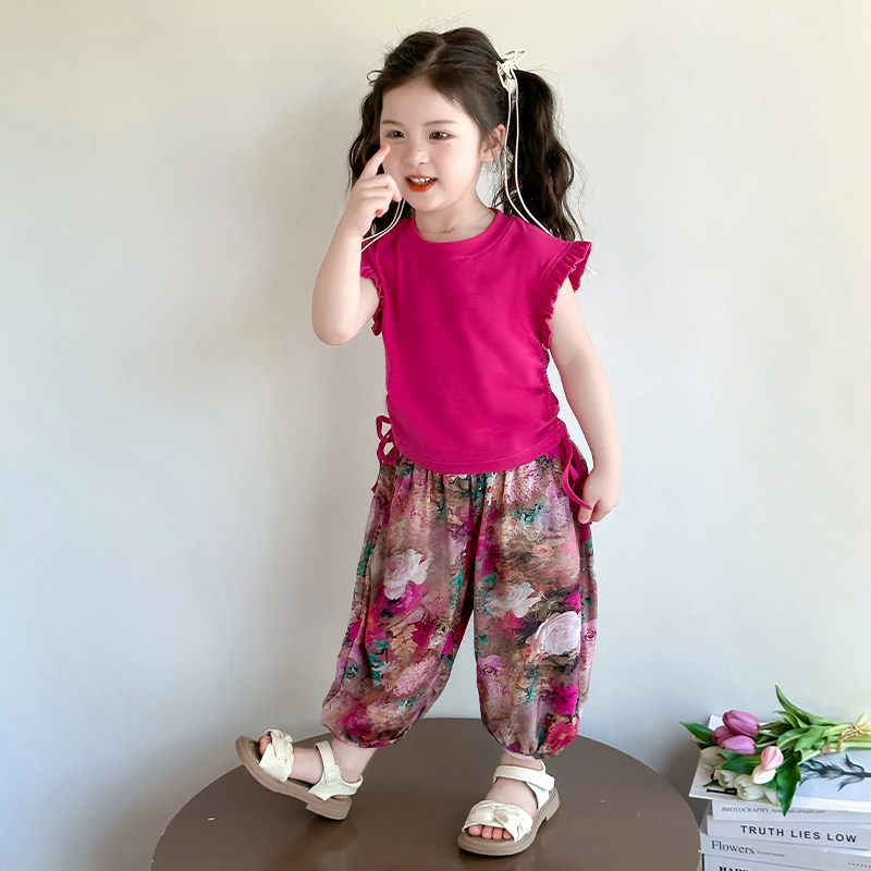 女小童套装2025新款夏季儿童小女孩洋气飞袖防蚊裤两件套宝宝衣服