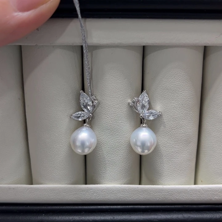 海水珍珠漏澳白蝴蝶结耳坠9-10mm银S925镶嵌