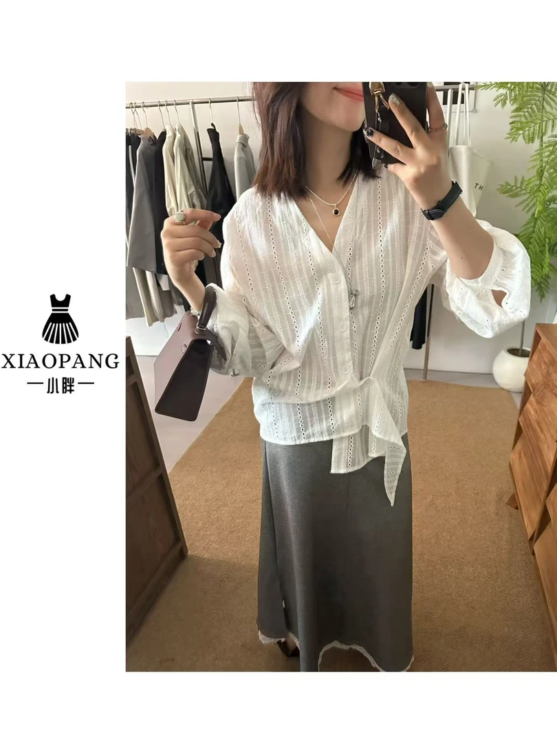 【小胖家】532不规则V领衬衫蕾丝边半身裙两件套